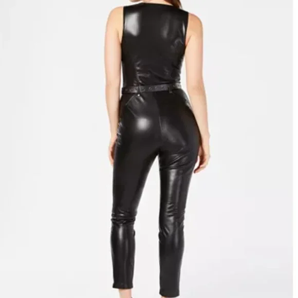 Guess Sandra Faux Leather Moto Belted Jumpsuit Black - Picture 3 of 8